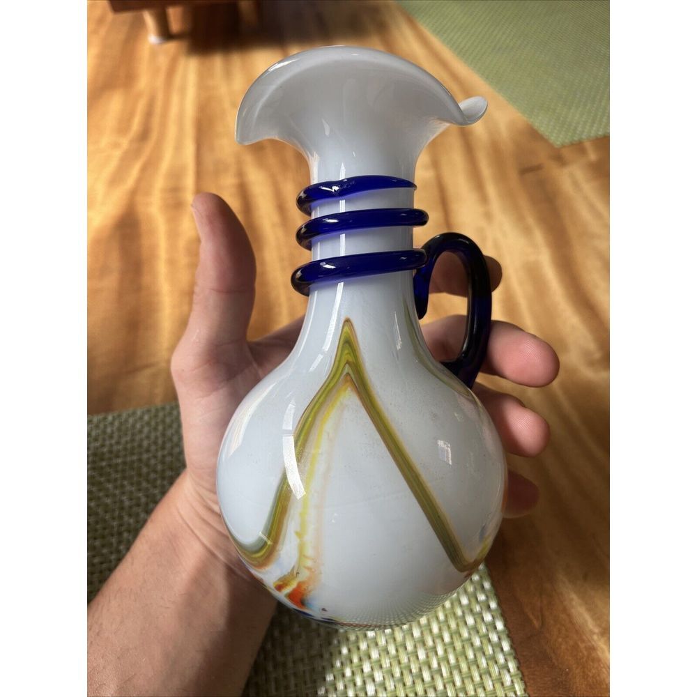 Vtg. Bohemian art glass White Yellow Abstract with Blue wrap vase